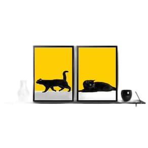 Kit 2 Quadros Gato Preto Fundo Amarelo 33X24Cm