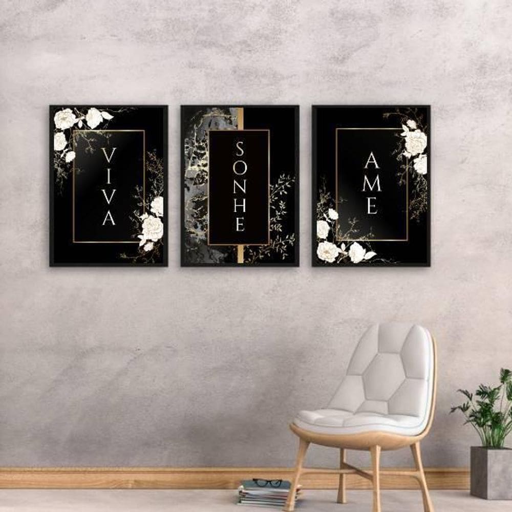Kit 3 Quadros Viva, Sonhe, Ame - Preto 33X24 C/Vidro - Preta