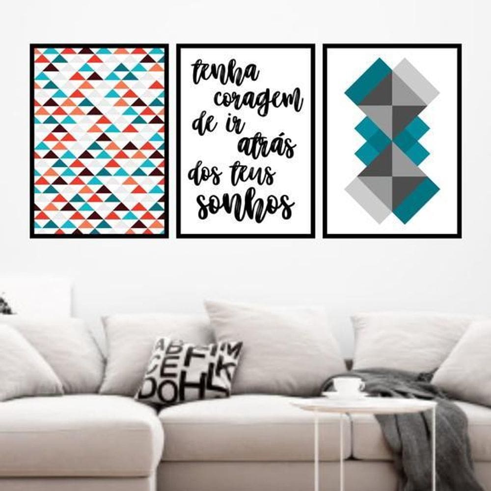 Kit 3 Quadros Geométrico Tenha Coragem 33X24Cm Moldura Preta