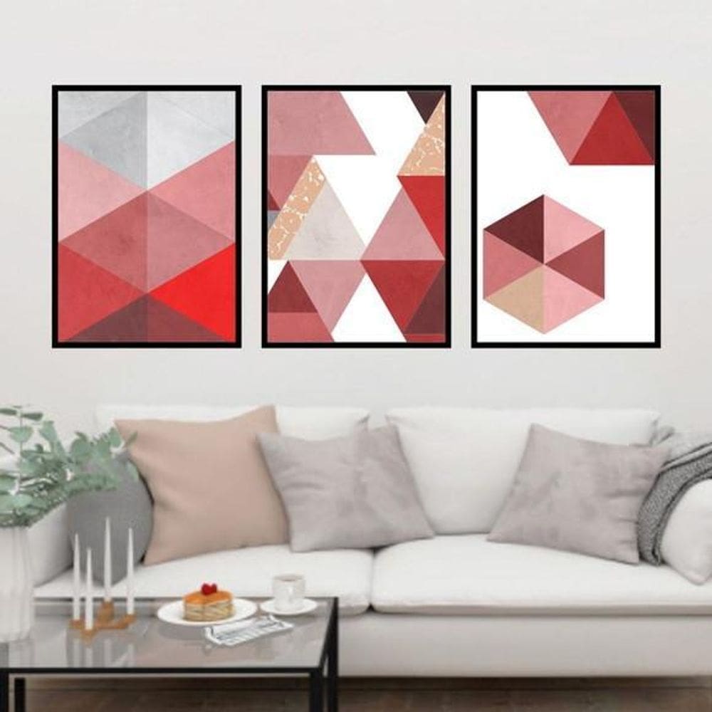Kit 3 Quadros Geométrico Vermelho E Branco 45X34Cm Preta