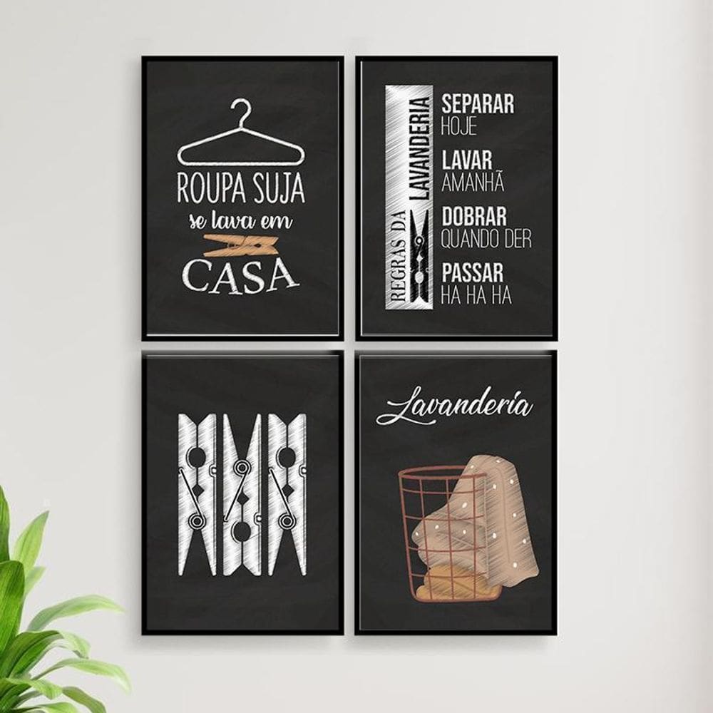 Kit 4 Quadros Decorativo Lavanderia Giz 24X18Cm Preta