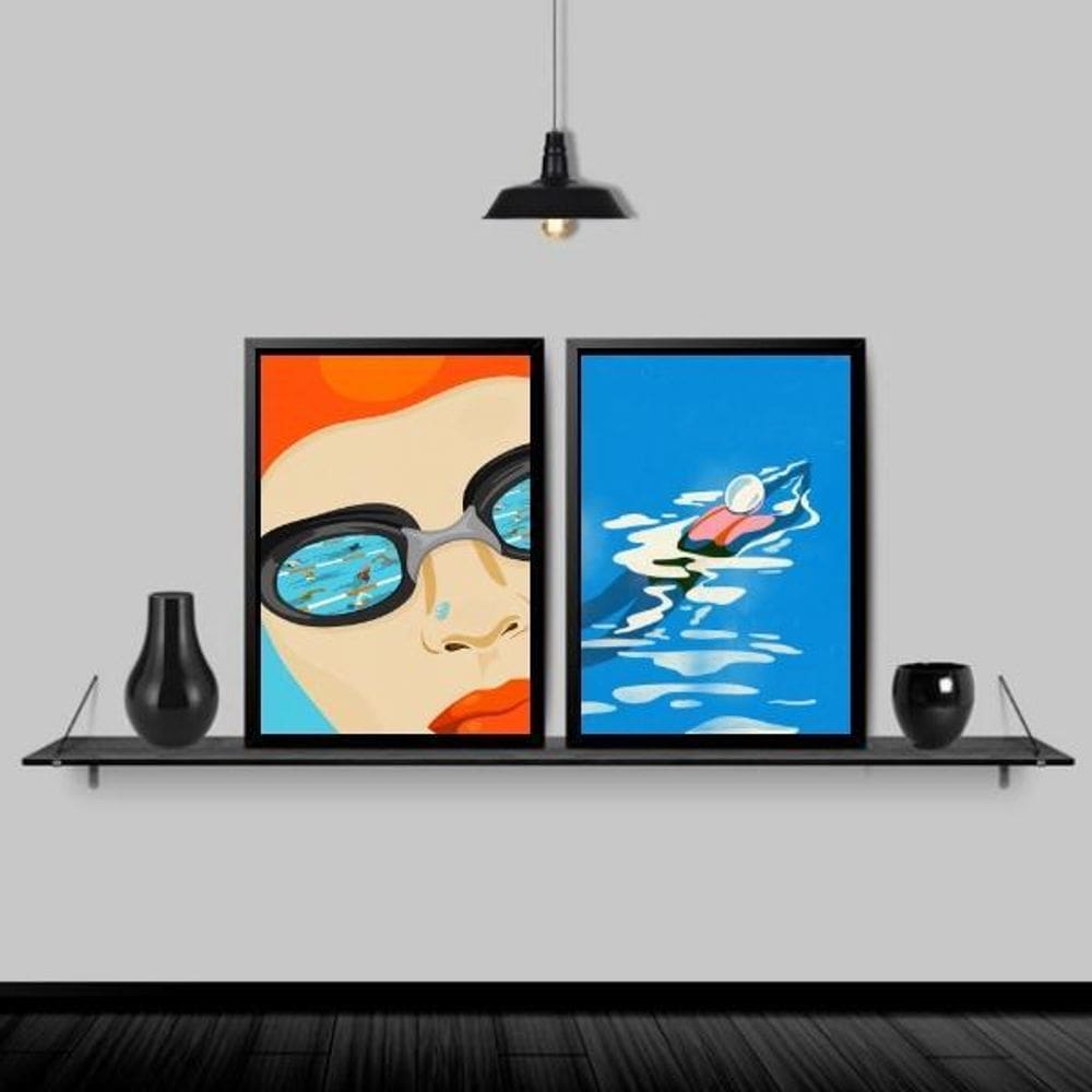 Kit 2 Quadros Decorativos Natação 24X18Cm Preta