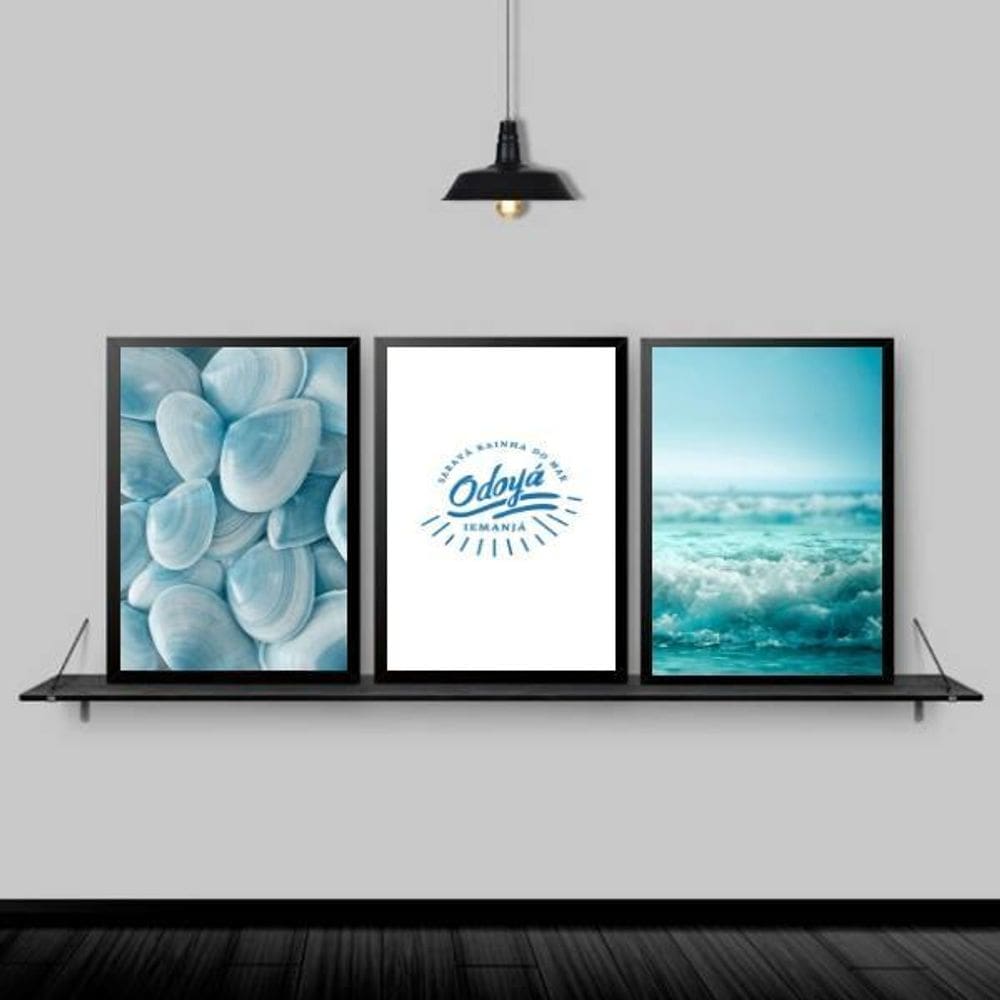 Kit 3 Quadros Mar Odayá Iemanjá 33X24Cm Moldura Preta