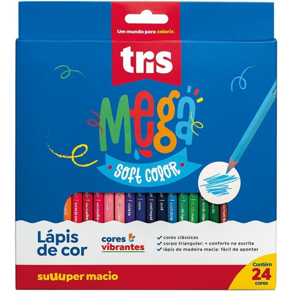 Lápis De Cor Triangular Mega Soft Color 24 Cores 6 estojos