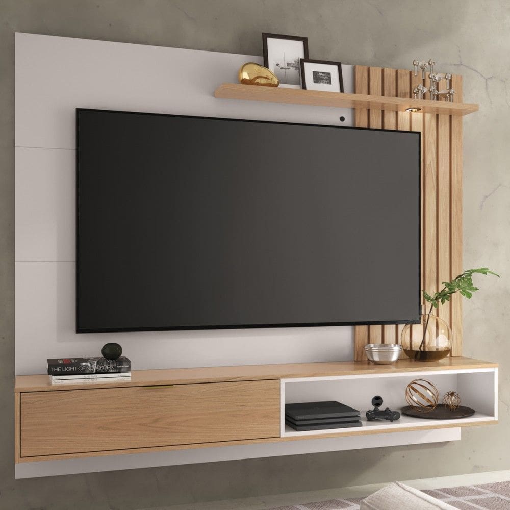 Painel para TV Até 65 Polegadas Brtrand 1 Porta 1 Prateleira Off White/Freijó - Pnr Móveis