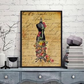 Quadro Vintage Manequim Costura 45X34Cm Vidro Moldura Preta