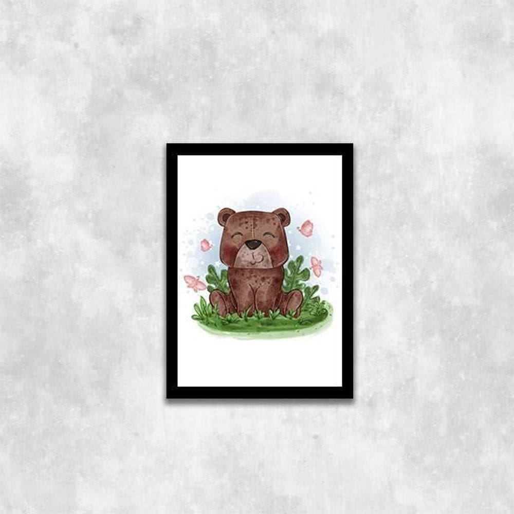 Quadro Infantil Estilo Aquarela Ursinho 33X24 Moldura Preta