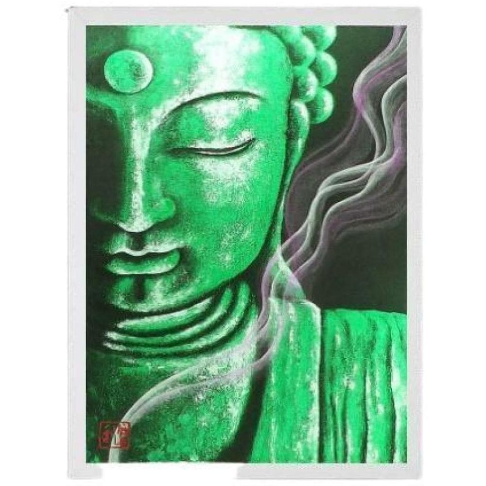 Quadro Decorativo Buda Verde 24X18Cm C/Vidro Madeira Branca