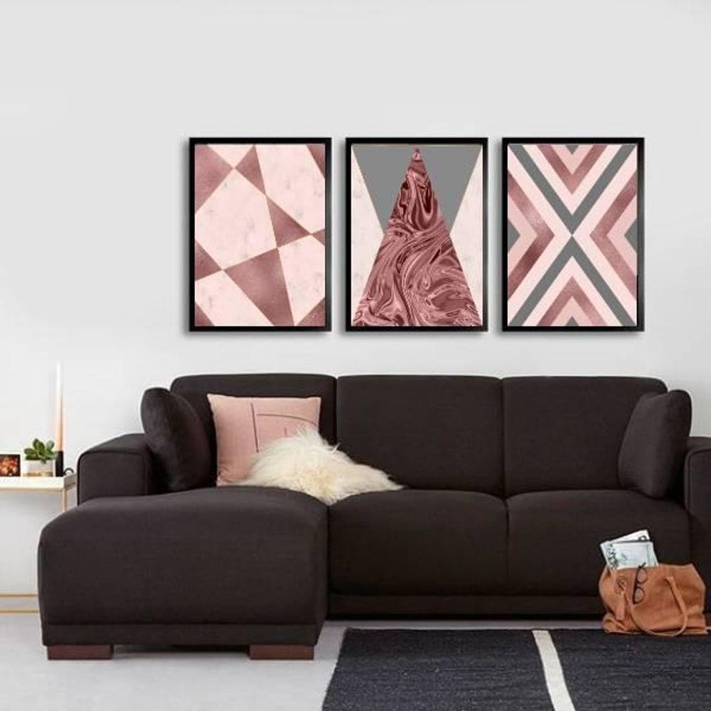 Kit 3 Quadros Geométricos Rosados 24X18Cm - Com Vidro
