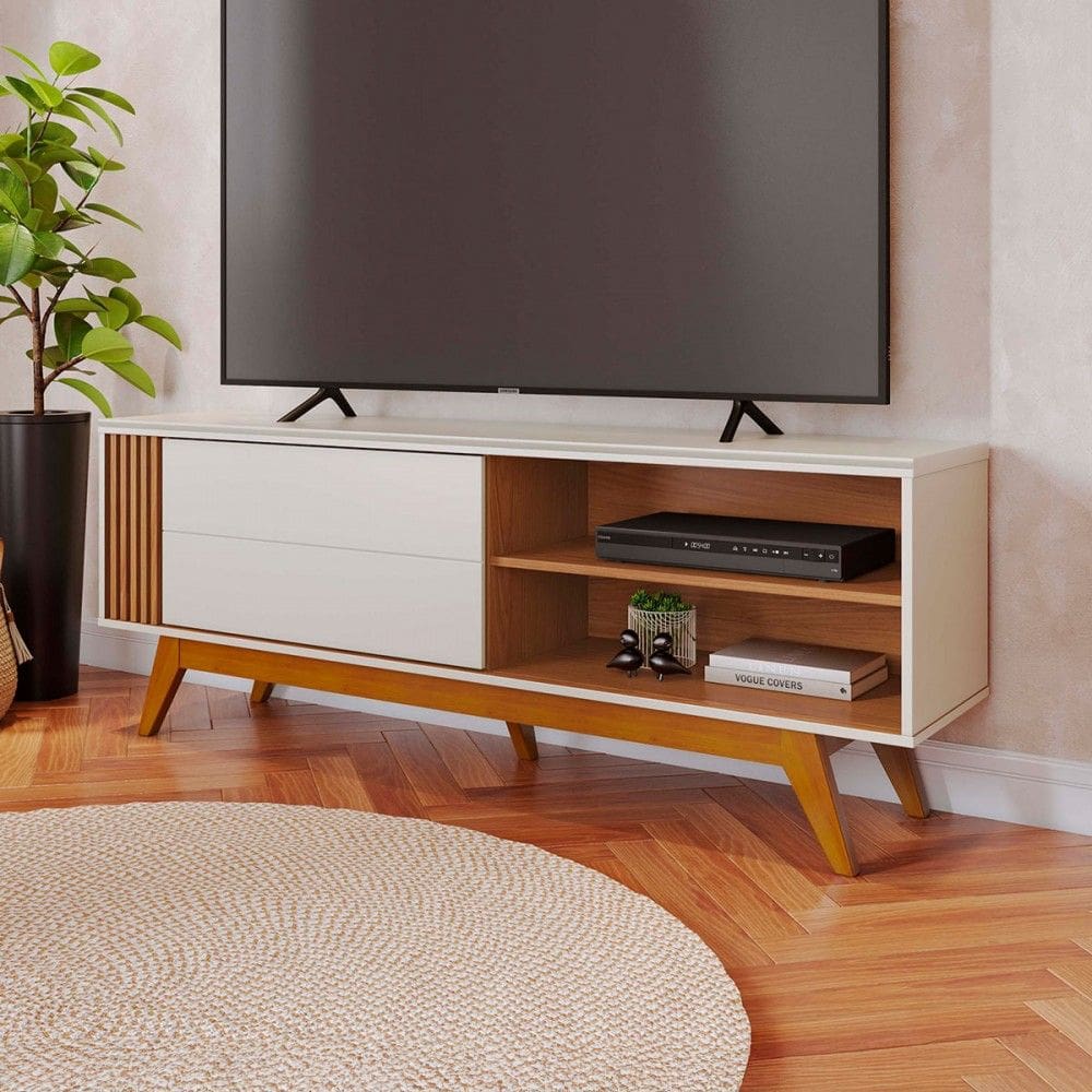 Rack para TV Até 60 Polegadas Gillies 1 Porta Ripado Off White Matte/Freijó - Pnr Móveis