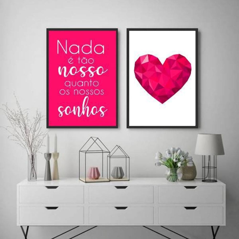 Kit 2 Quadros Sonhos Coração Geométrico Pink 24X18Cm Preta