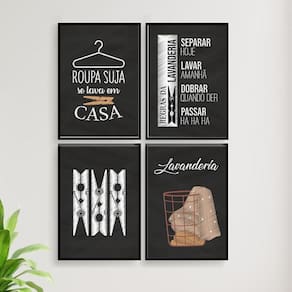 Kit 4 Quadros Decorativo Lavanderia Giz 33X24Cm Preta