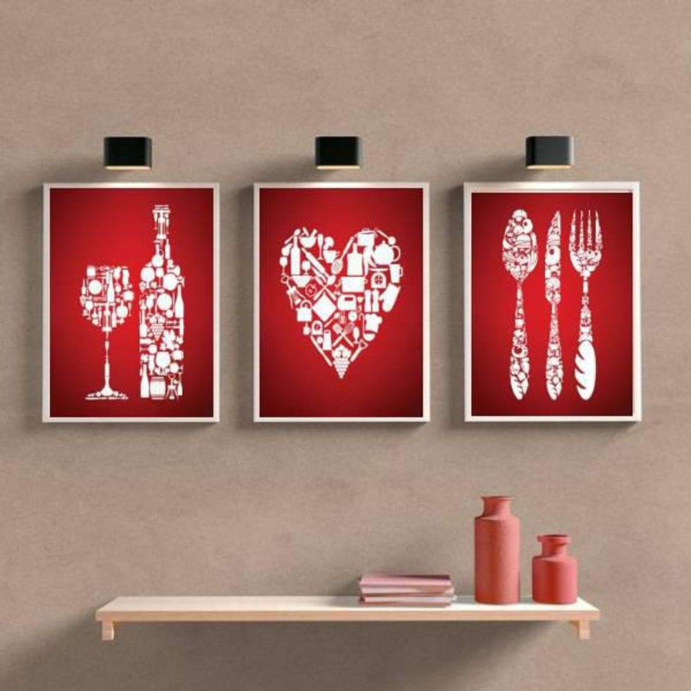 Kit 3 Quadros Cozinhando Com Vinho 24X18Cm
