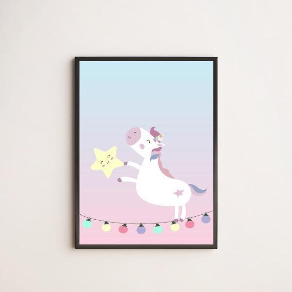 Quadro Unicórnio Com Estrelinha 45X34 Com Vidro Preta