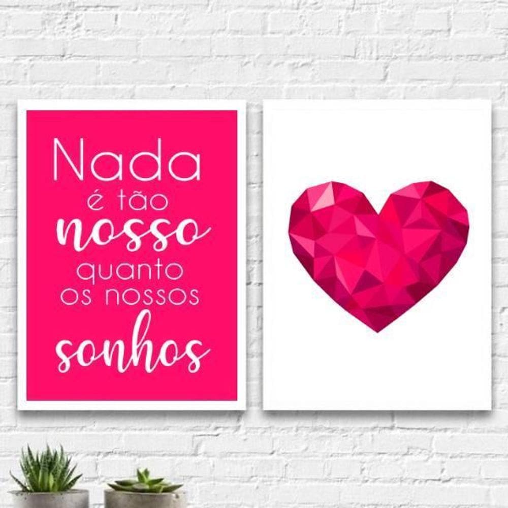 Quadros Coração Geométrico Pink Moldura Branca 24X18Cm 2Un