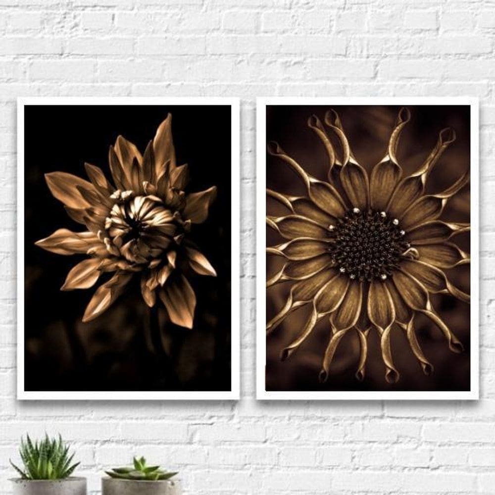 Kit Quadros Fotografias Flores Bronze 24X18Cm - 2 Peças