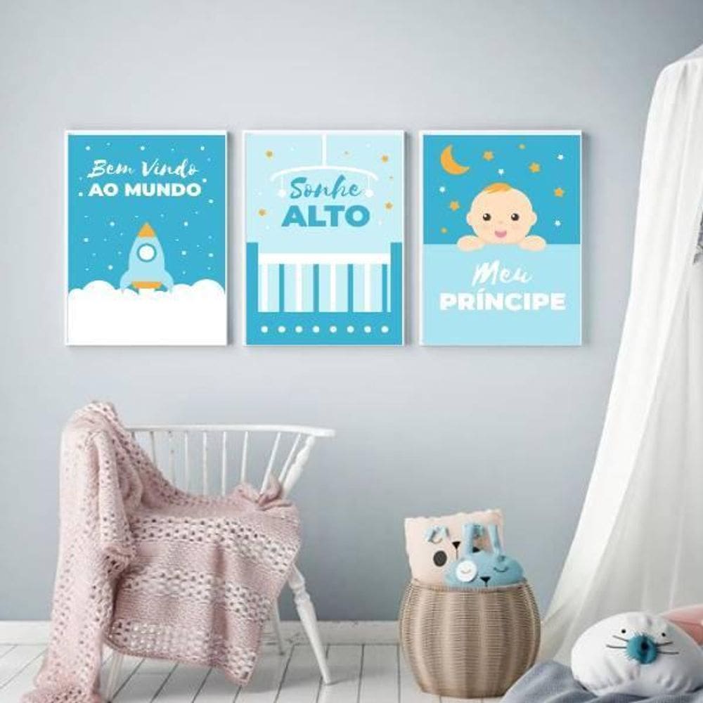 Kit 3 Quadros Bebê Sonhe Alto 33X24 Com Vidro Madeira Branca