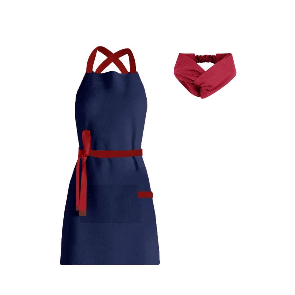 Avental e Faixa de Cabelo Azul Marinho Vermelho Chef Cozinha