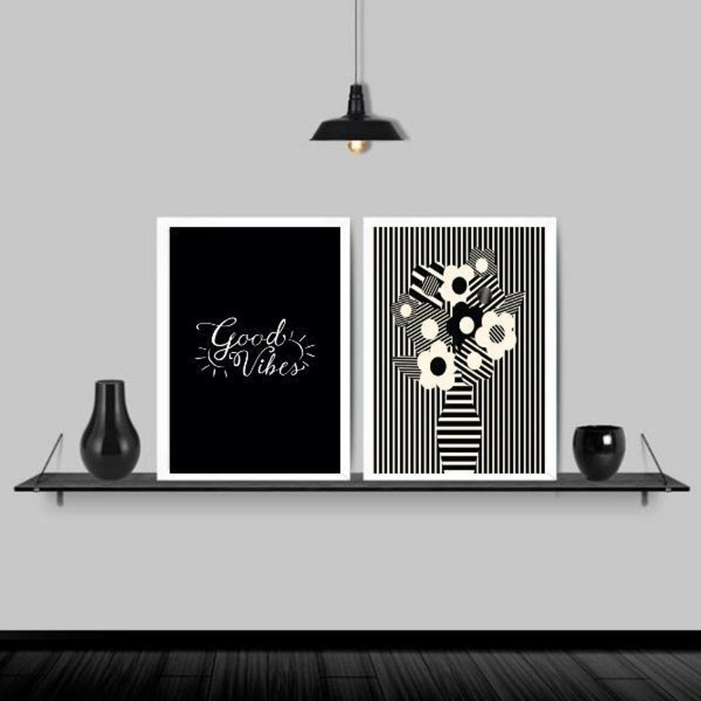 Kit 2 Quadros Preto E Branco Good Vibes 45X34 Moldura Branca
