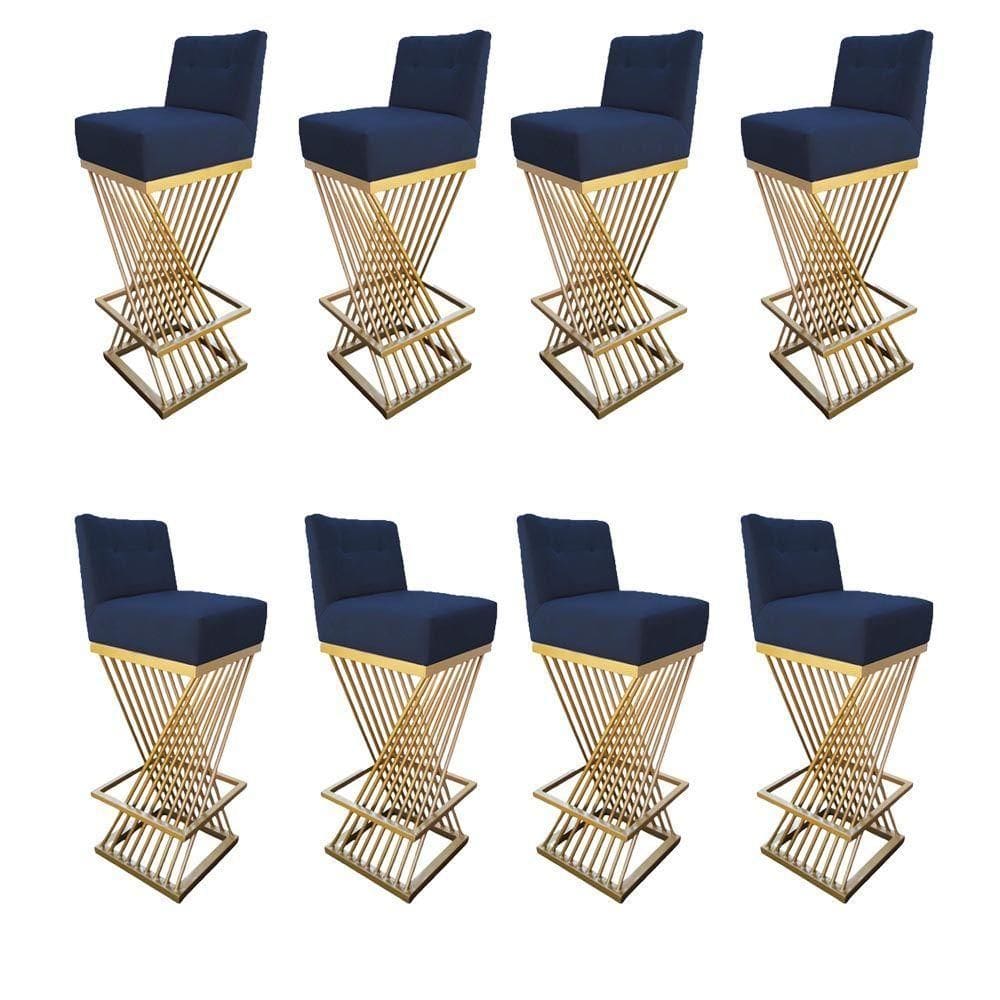 Kit 08 Banquetas Luma Base De Ferro Sued Azul Marinho D`classe Decor