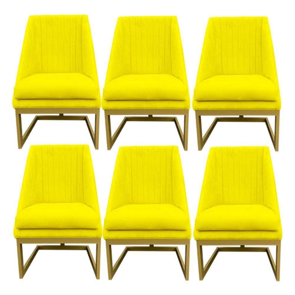 Kit 06 Cadeiras Para Sala De Jantar Ana Base De Ferro Suede Amarelo D`classe Decor