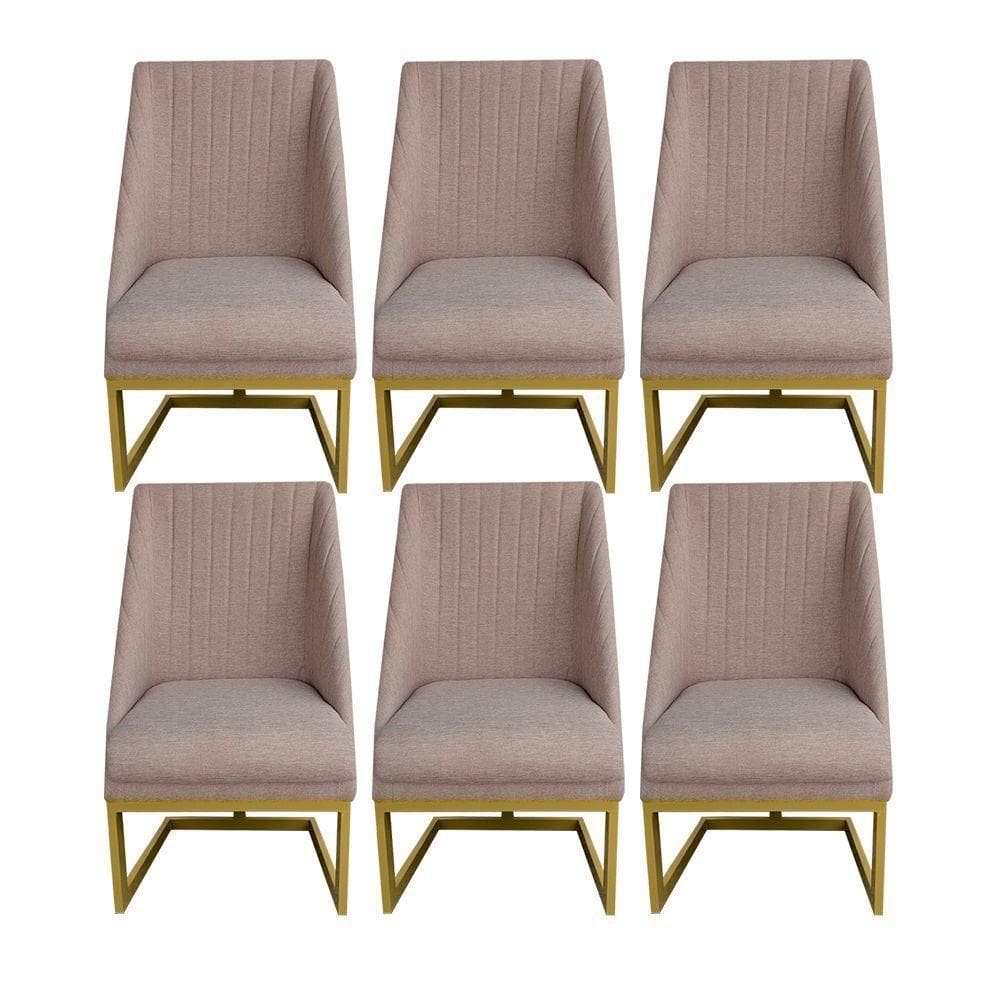 Kit 06 Cadeiras Para Sala De Jantar Ana Base De Ferro Linho Bege D`classe Decor