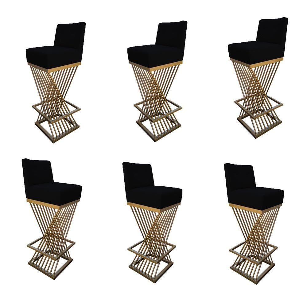Kit 06 Banquetas Luma Base De Ferro Sued Preto D`classe Decor