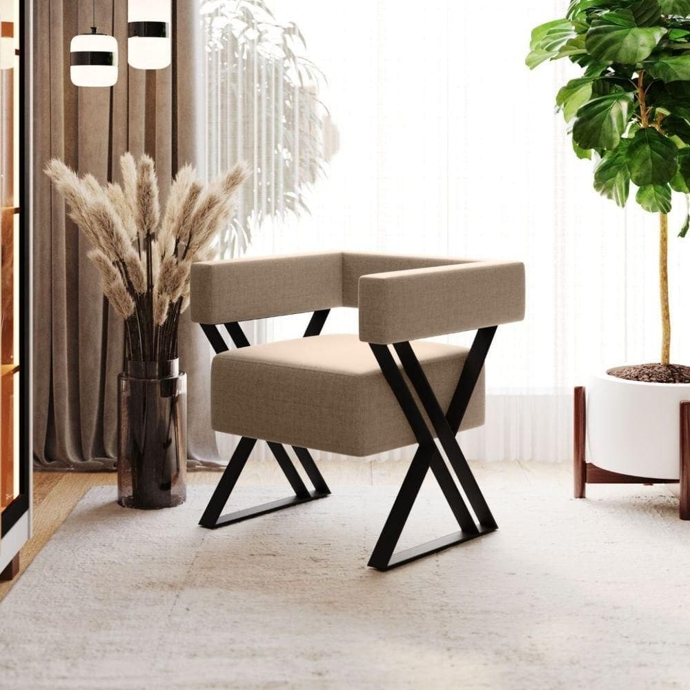 Poltrona Decorativa Linha Alta Aruba Estilo Industrial Linho Bege