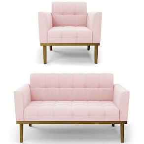 Sofá Namoradeira E 1 Poltrona Base Madeira Castanho Ana Suede Rosa Bebê - Ibiza