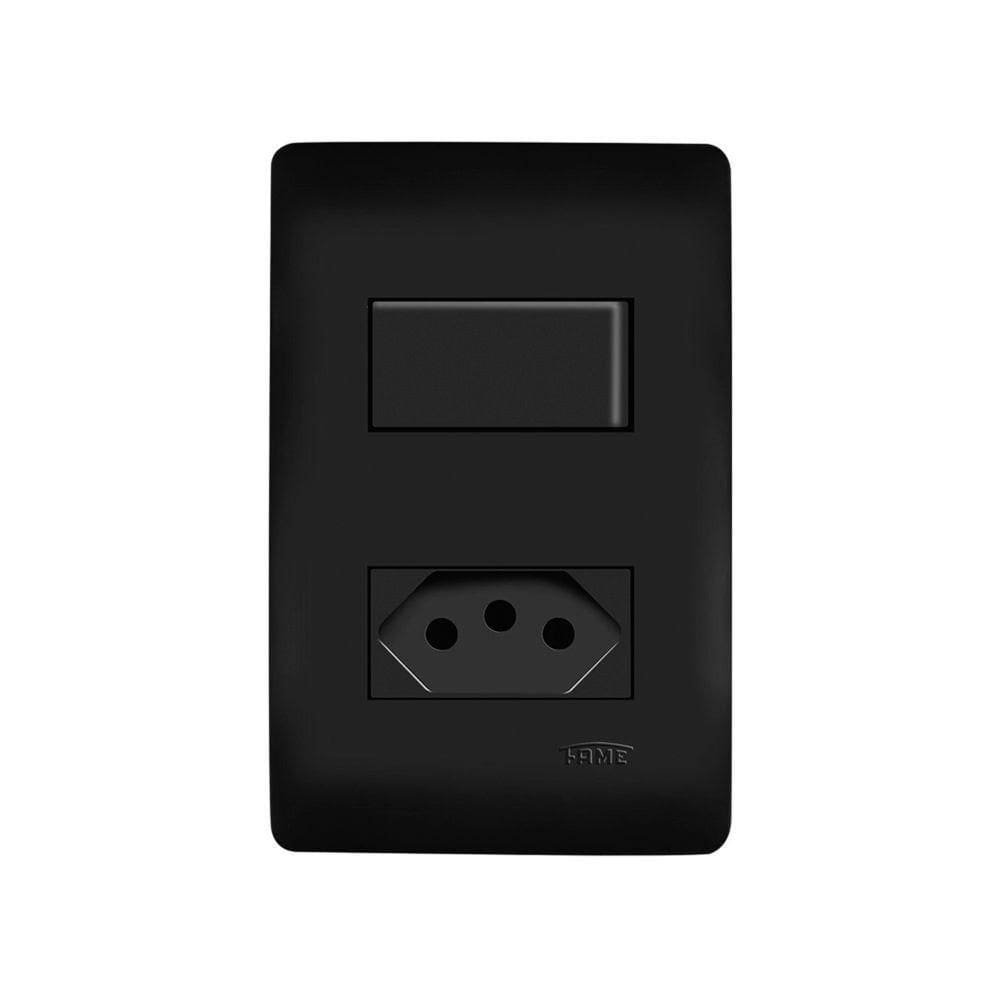 Interruptor Simples E Tomada 2p+t 10a Fame Habitat Black Com Placa 4x2 Preto