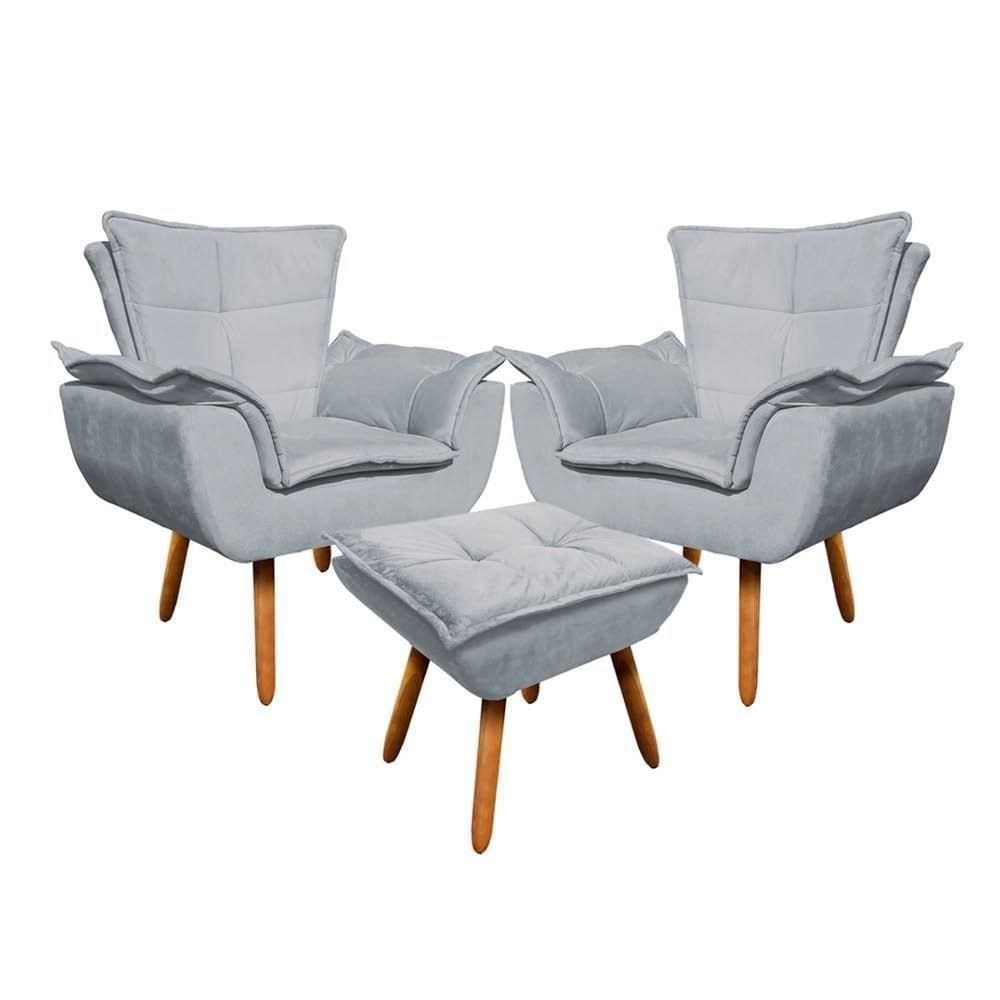 Kit 2 Poltronas Decorativas Pés Palito Com Puff Opla Suede Cinza - Ibiza