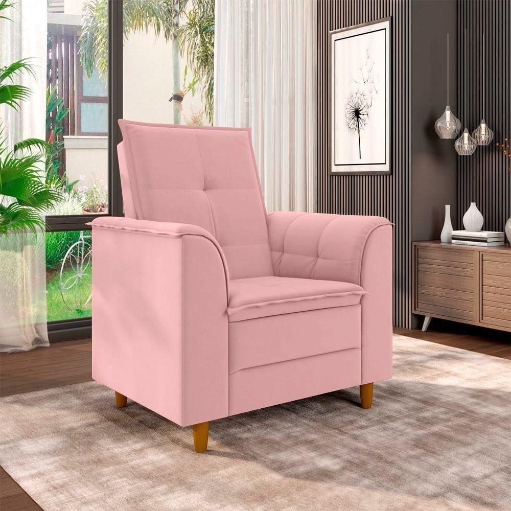Poltrona Para Sala Confortável Decorativa Isa Suede Rosa