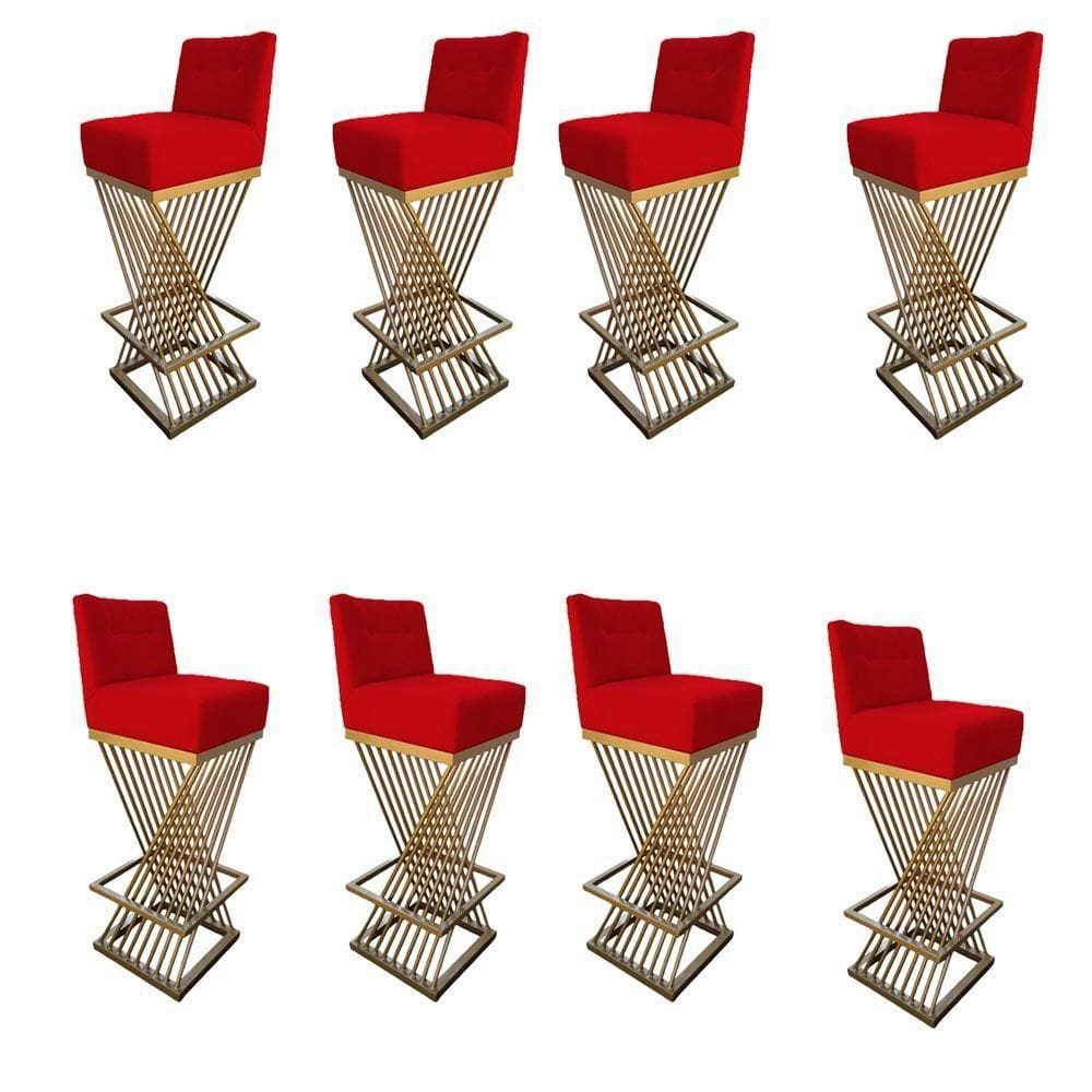 Kit 08 Banquetas Luma Base De Ferro Sued Vermelho D`classe Decor
