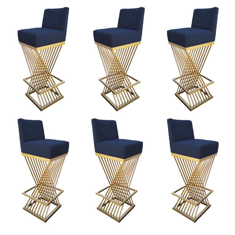 Kit 06 Banquetas Luma Base De Ferro Sued Azul Marinho D`classe Decor