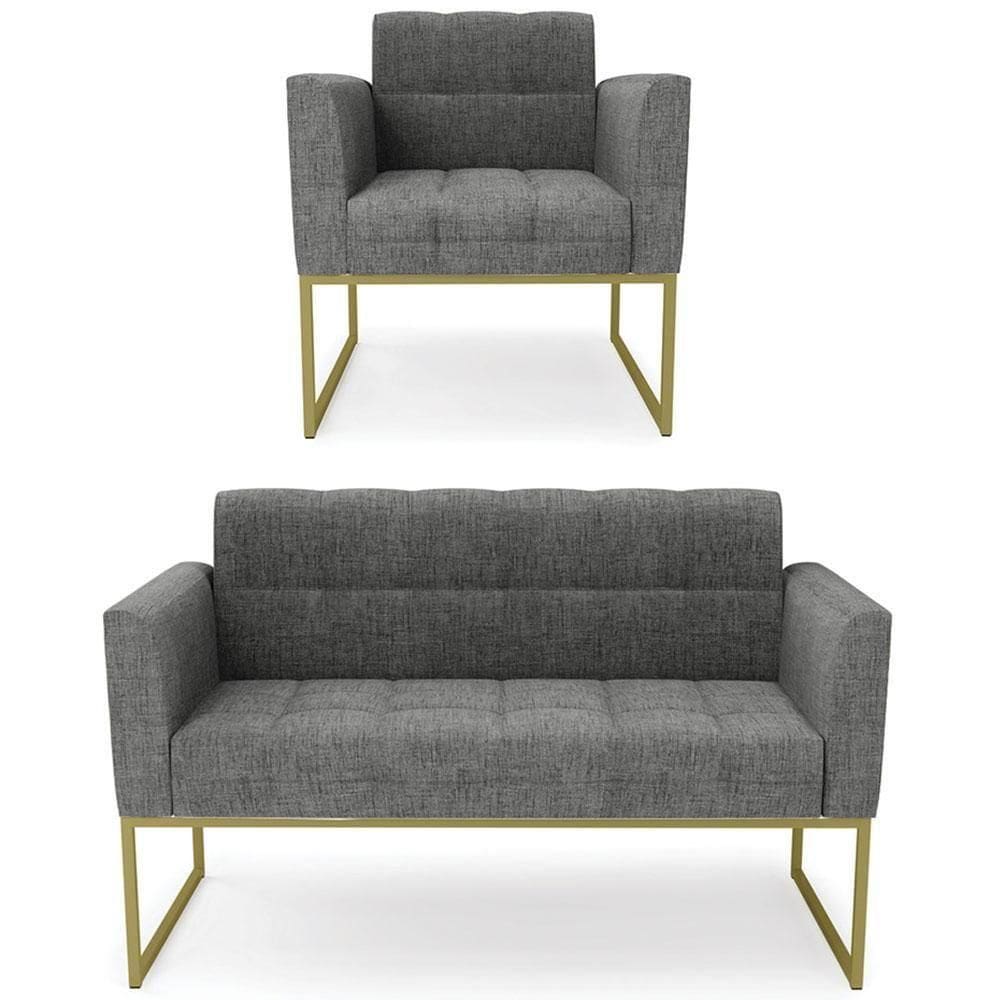 Sofá Namoradeira E 1 Poltrona Base Industrial Dourado Ana Linho Grafite - Ibiza