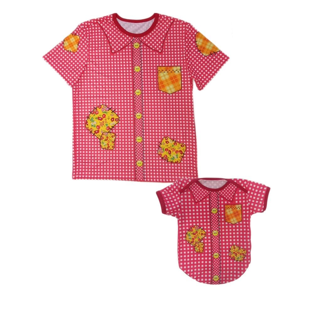 Camiseta Adulta e Body de Bebê Tal Pai Tal Filho Festa Junina Xadrez Vermelho