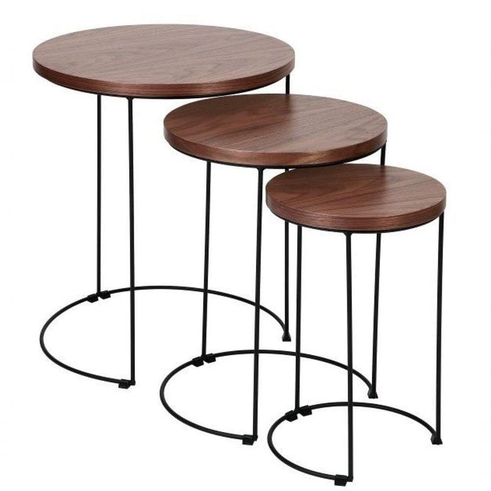 Mesa Madeira Conjunto Lateral 03 Peças Nogueira Base Metal Trio