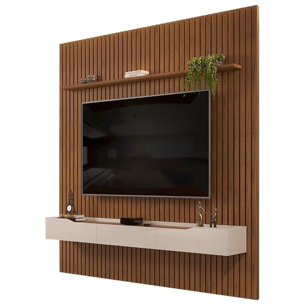 Painel Para 75 Pol Ripado Com Bancada Suspensa 275x240cm Pratisk D04 Freijó-off White - Mpozenato