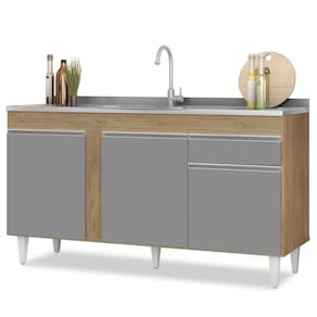 Balcão Gabinete Com Pia Inox 150cm 3 Portas 1 Gaveta Dakota Castanho-cinza - Lumil