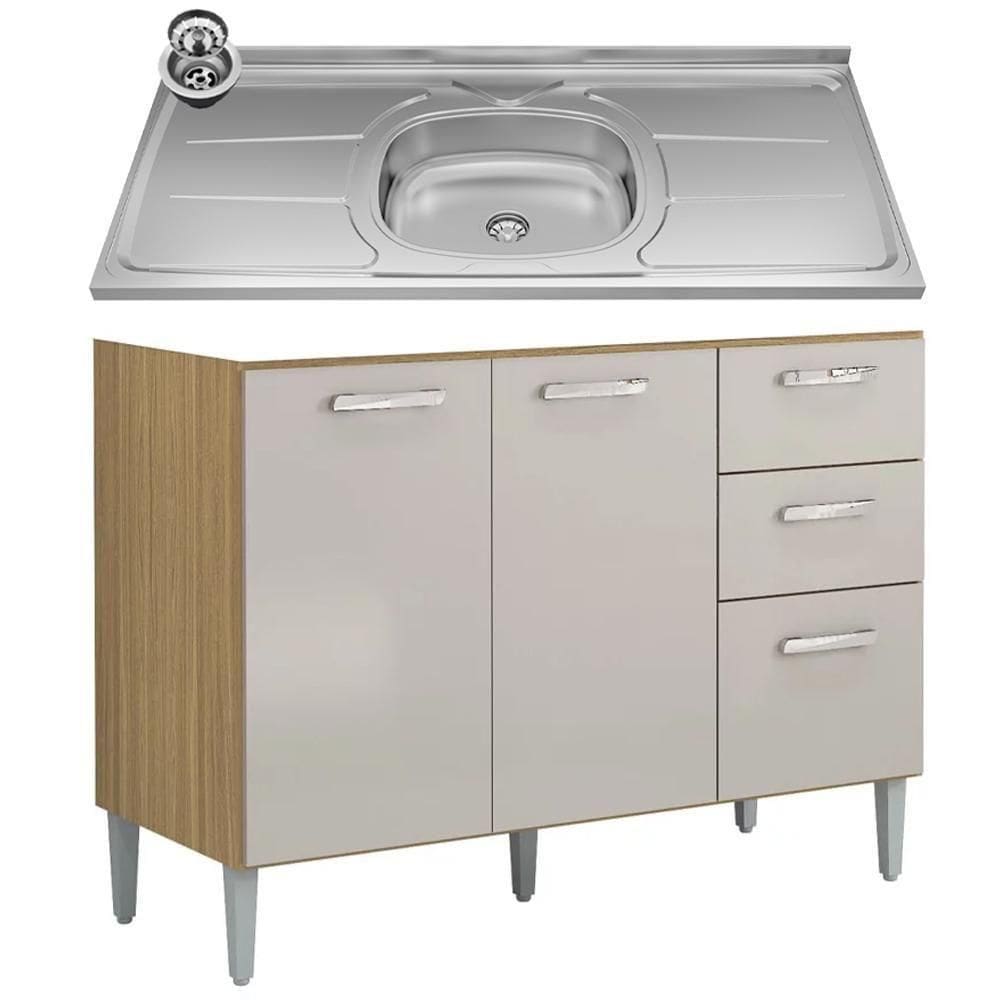 Balcão De Cozinha Com Pia Inox 120cm 3 Portas 2 Gavetas Livy P11 Damasco-off White - Mpozenato