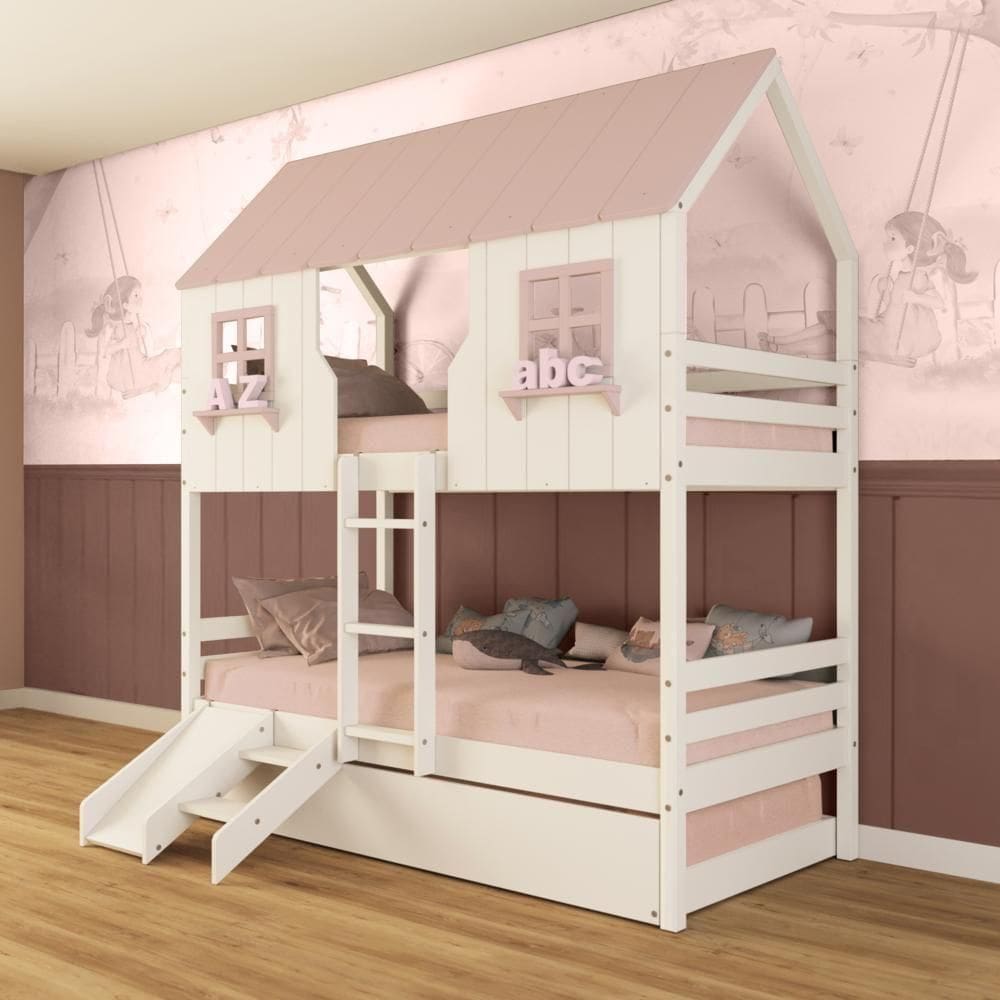 Treliche Casinha Encantada Com Kit Escada/ Escorregador Madeira Maciça Branco/ Rosa Megamobilia