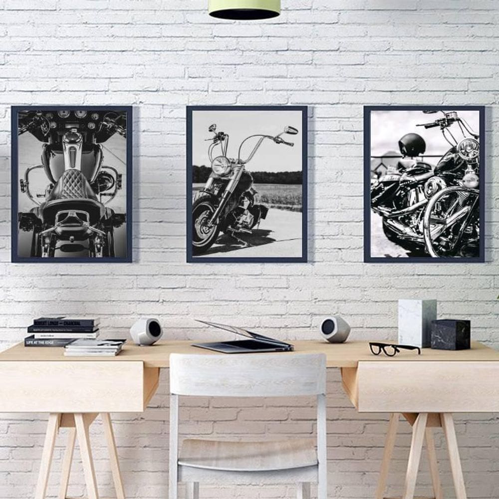 Kit 3 Quadros Fotografias Motocicletas 24X18Cm - Com Vidro