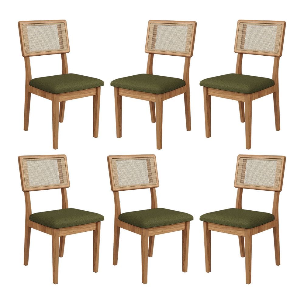 Kit 6 Cadeiras com Assento Estofado Encosto em Tela 100% MDF Freijó Verde Dalla Costa
