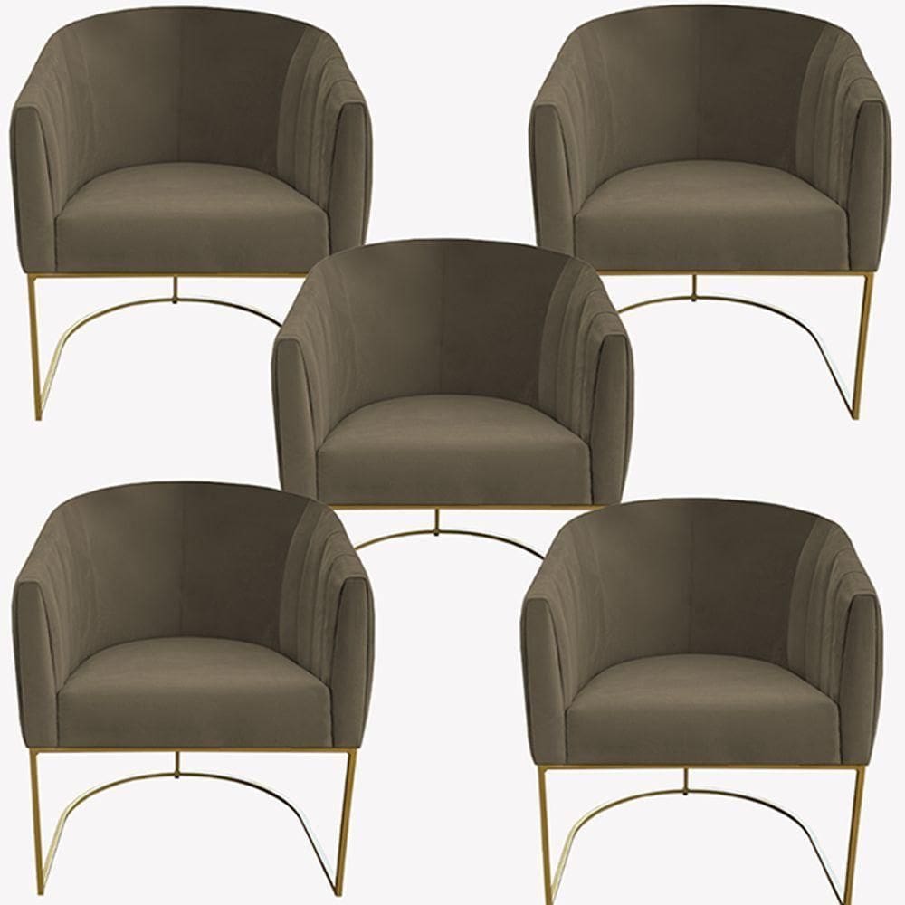 Kit 05 Poltrona Julia Com Base De Ferro Sala De Estar Escritório Recepção Clinica Suede Marrom Rato D`classe Decor