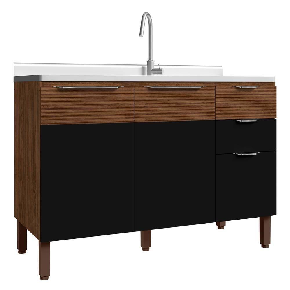 Balcão Cozinha Com Pia 120cm 3 Portas Dora Z06 Nogueira-preto - Mpozenato
