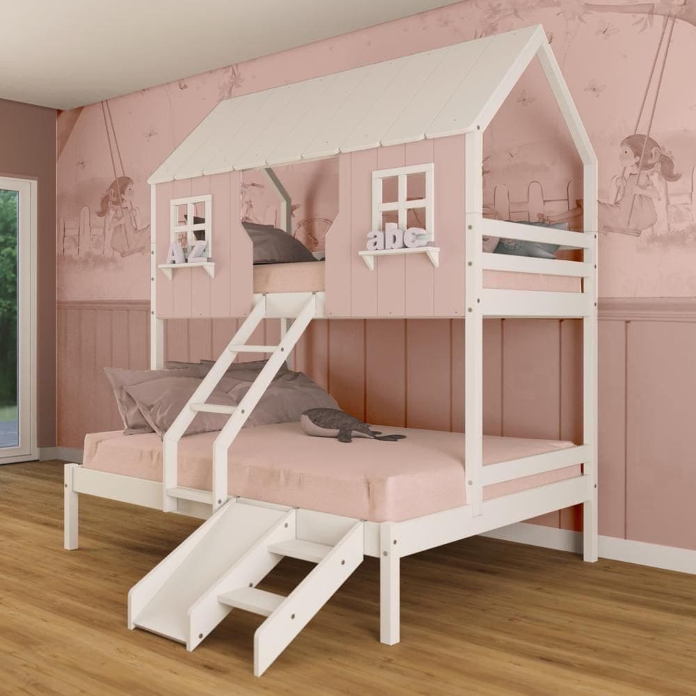 Beliche Casal/ Solteiro Casinha Encantada Com Kit Escada/ Escorregador Madeira Maciça Rosa/ Branco Megamobilia