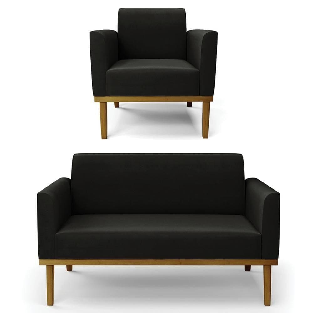 Sofá Namoradeira E 1 Poltrona Base Madeira Castanho Maressa Suede Preto - Ibiza