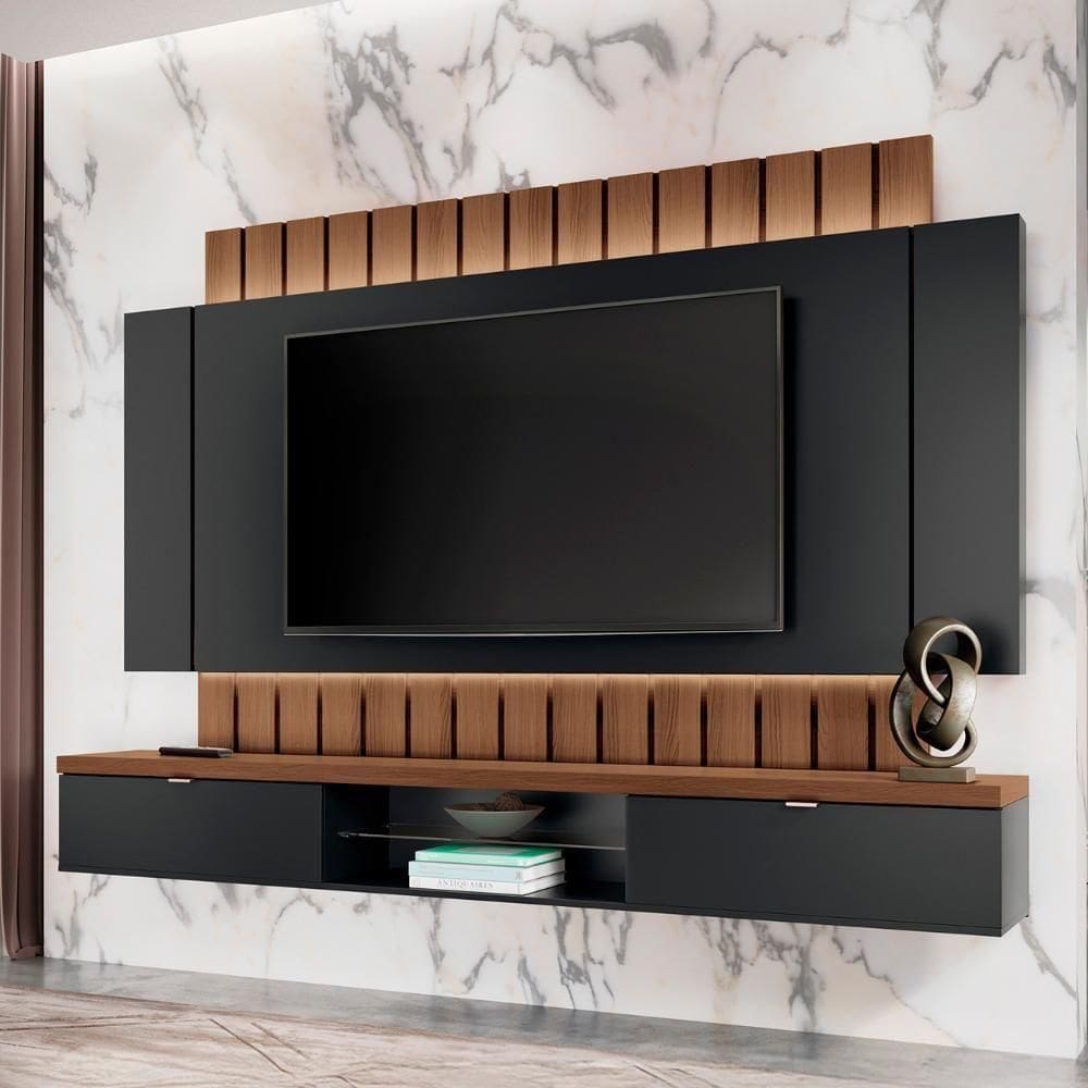 Painel 70 Pol 219cm Bancada Suspensa Illusion Preto-castanho - Hb Móveis