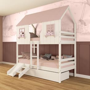 Beliche Casinha Encantada Com 02 Gavetas Kit Escada/ Escorregador Madeira Maciça Branco/ Rosa Megamobilia