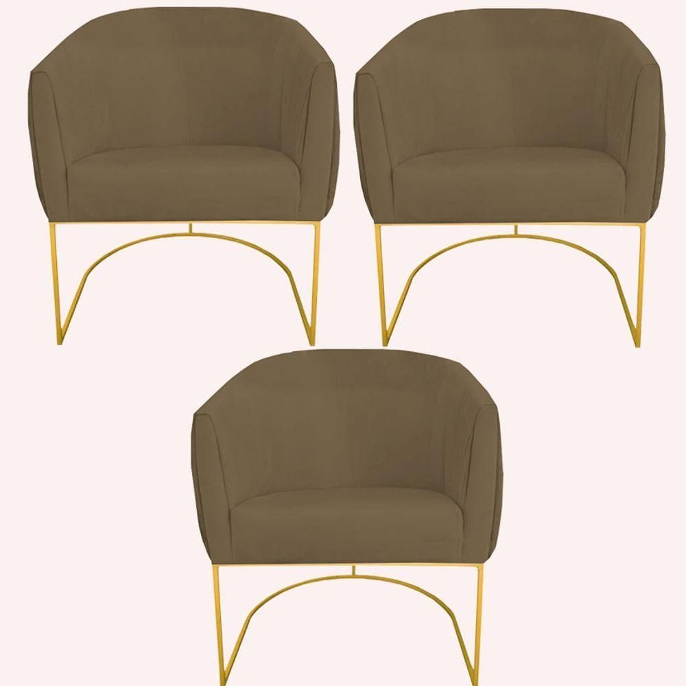 Kit 03 Poltrona Julia Com Base De Ferro Sala De Estar Escritório Recepção Clinica Suede Marrom Rato D`classe Decor